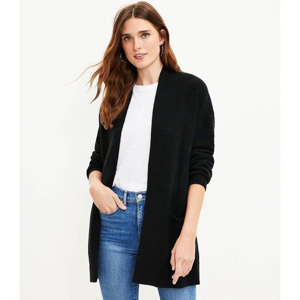 Max & Mia Women's Sz S Ribbed Knit Open Front Pocket Cardigan 100% Cotton Black